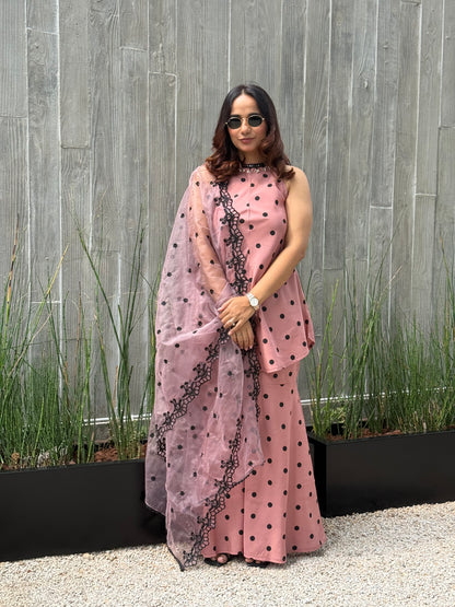 MAUVE POLKA DOT SET WITH EMBROIDERED ORGANZA DUPATTA