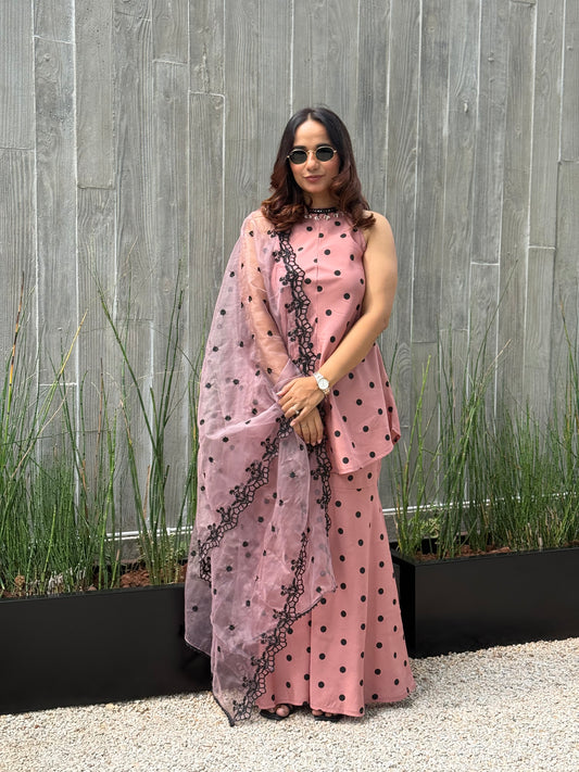MAUVE POLKA DOT SET WITH EMBROIDERED ORGANZA DUPATTA