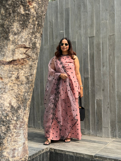MAUVE POLKA DOT SET WITH EMBROIDERED ORGANZA DUPATTA
