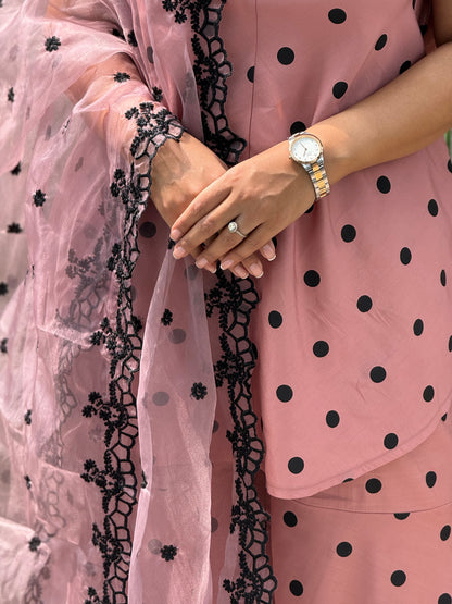 MAUVE POLKA DOT SET WITH EMBROIDERED ORGANZA DUPATTA