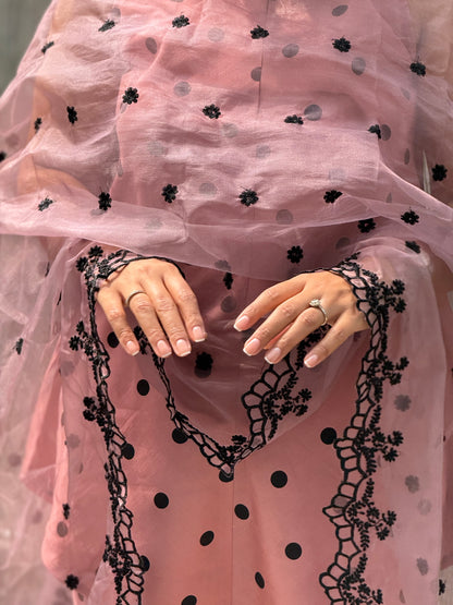 MAUVE POLKA DOT SET WITH EMBROIDERED ORGANZA DUPATTA