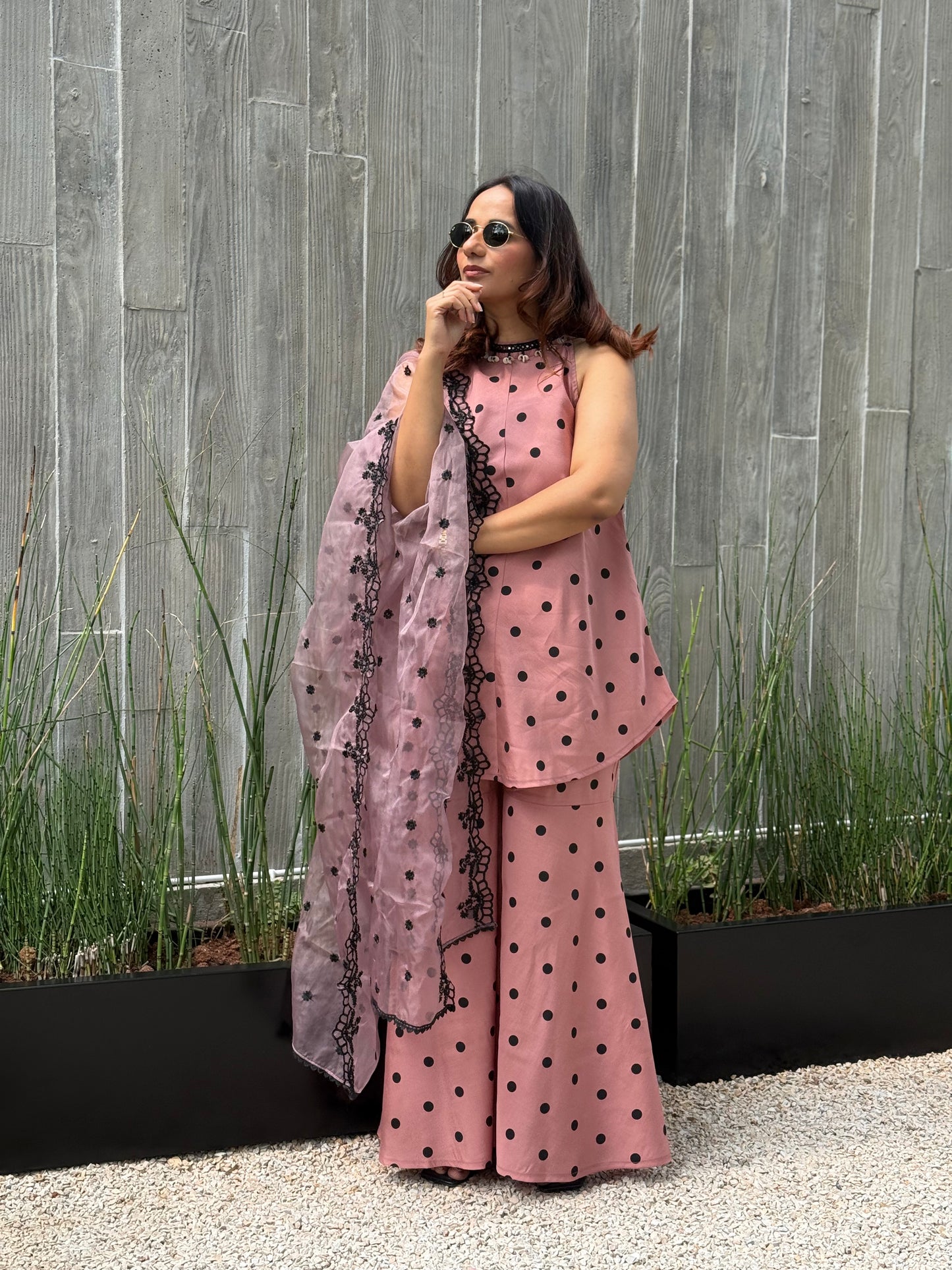 MAUVE POLKA DOT SET WITH EMBROIDERED ORGANZA DUPATTA