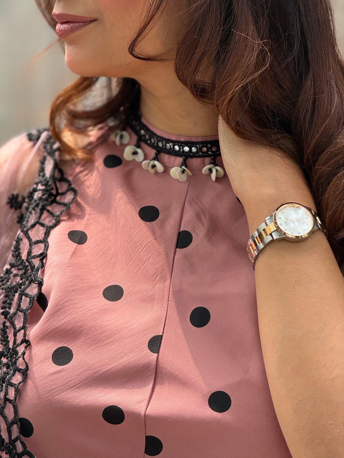 MAUVE POLKA DOT SET WITH EMBROIDERED ORGANZA DUPATTA