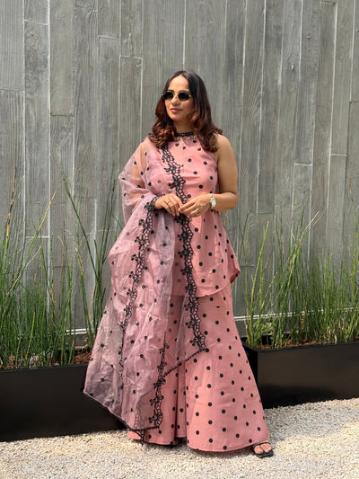 MAUVE POLKA DOT SET WITH EMBROIDERED ORGANZA DUPATTA