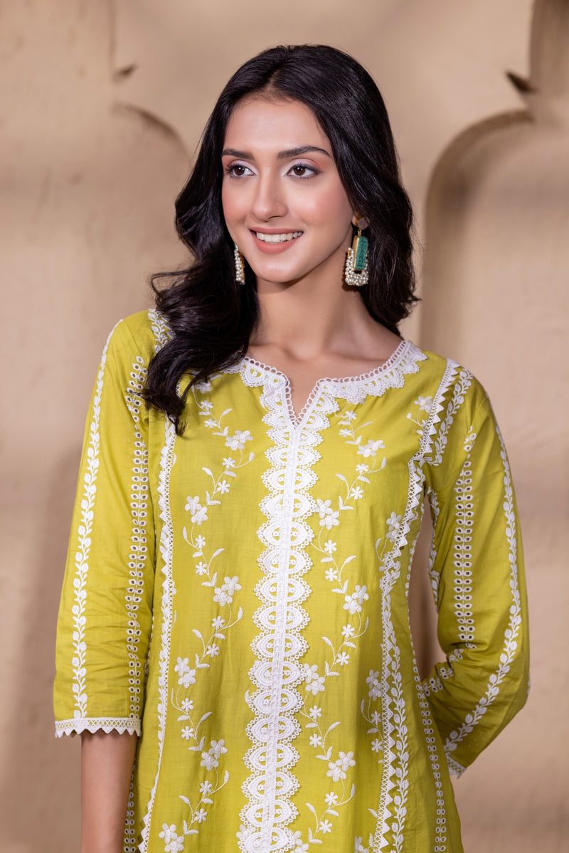 LIME ORGANZA EMBROIDERED SUIT SET