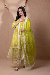 LIME ORGANZA EMBROIDERED SUIT SET