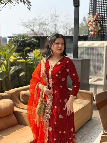 Burnt velvet Suit Set with Organza Dupatta