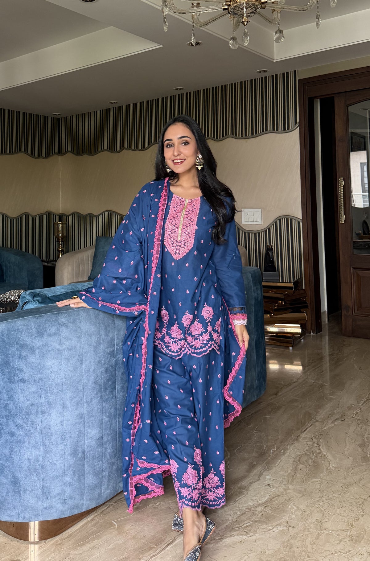 Navy Blue And Pink Embroidered Farshi Salwar Suit Set