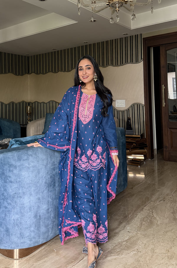 Navy Blue And Pink Embroidered Farshi Salwar Suit Set