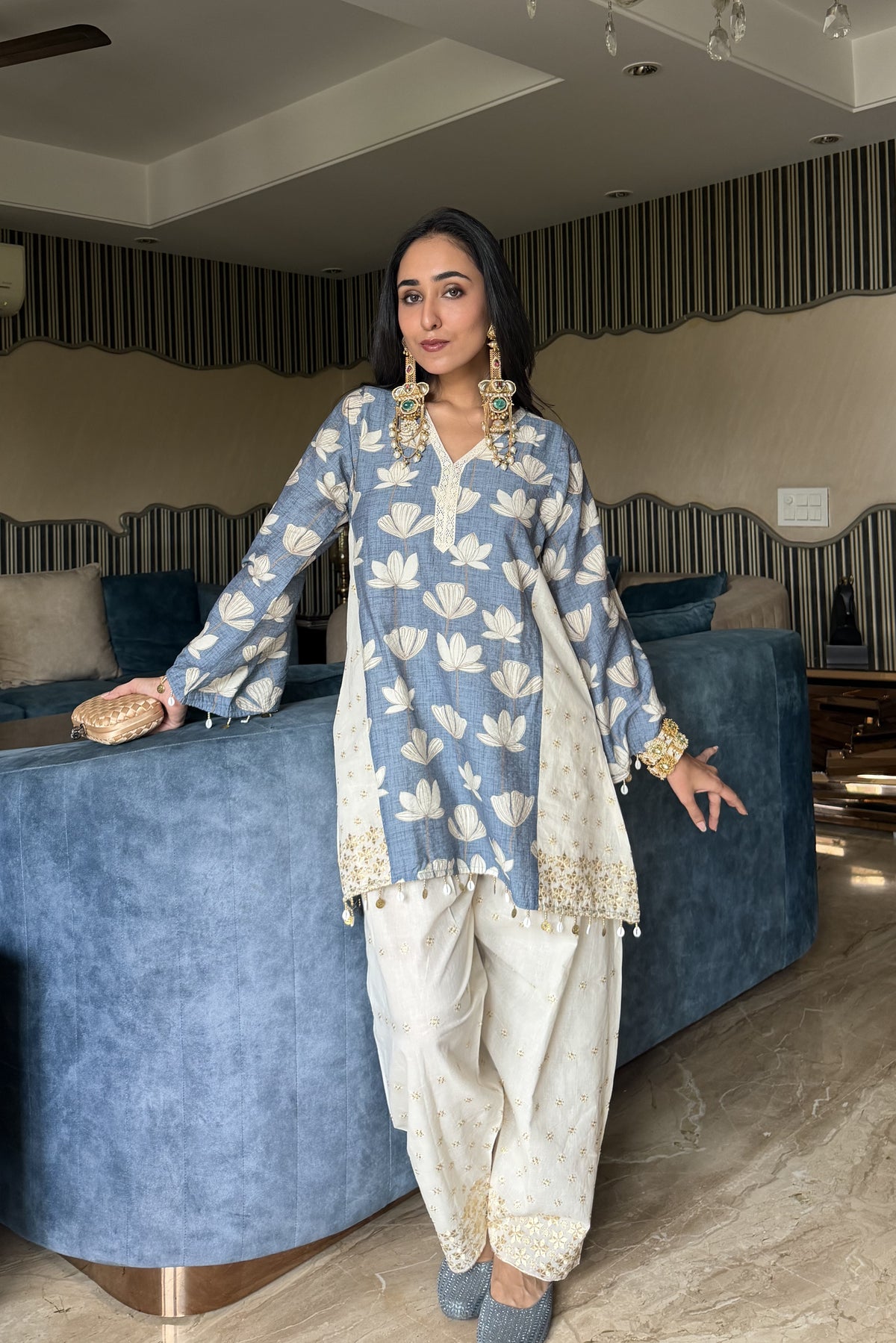 Blue And Cream Floral Printed and Embroidered Farshi Salwar Set