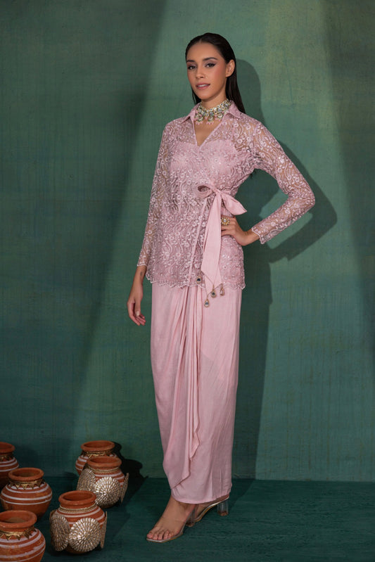 Metalllic Pink Wrap Dhoti Skirt Fusion Set