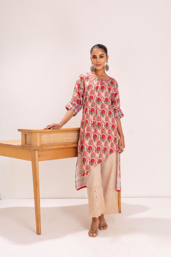 BEIGE MUGHLAI PRINT KURTA SET