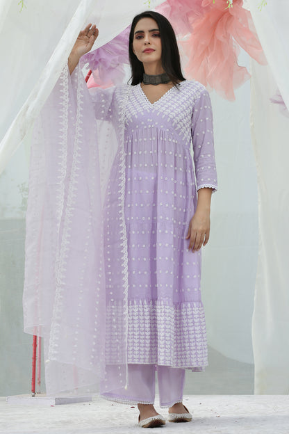 Lavender Embroidered Suit Set with Organza Dupatta