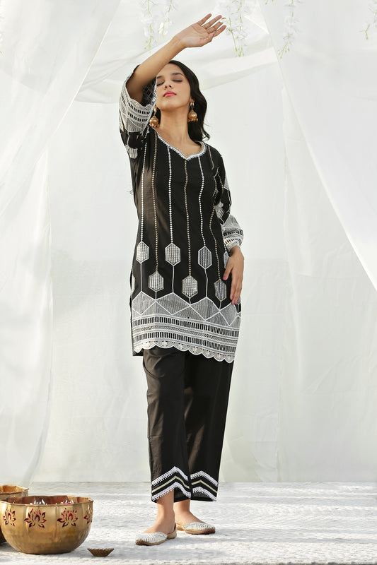 Black and Gold Crystal Embroidered Kurta Set