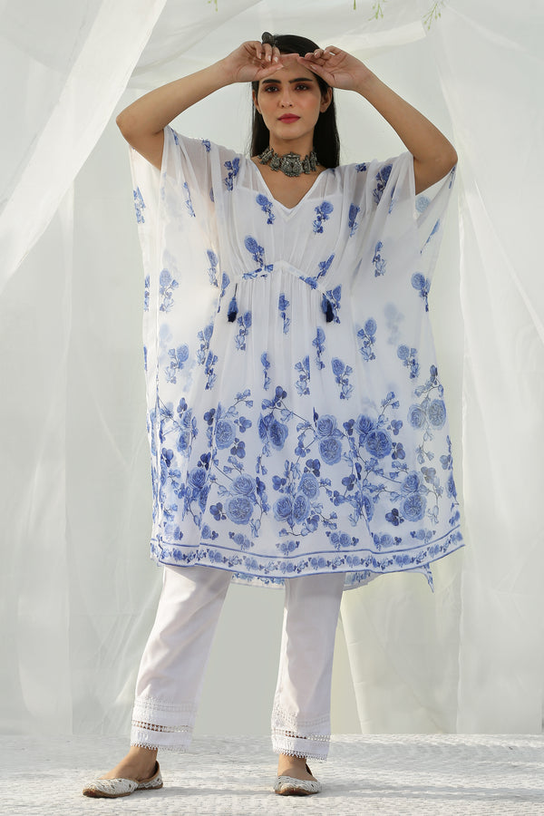 White And Blue Floral Printed Kaftan