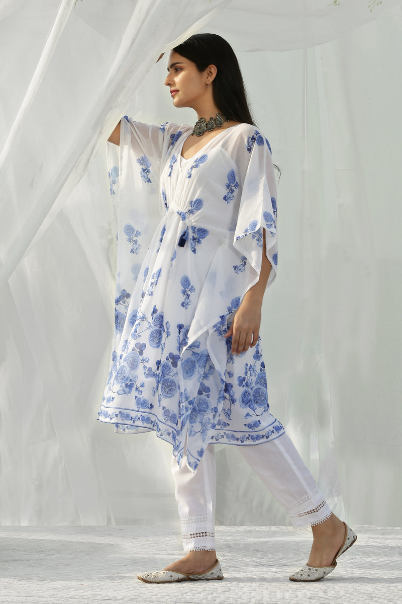White And Blue Floral Printed Kaftan