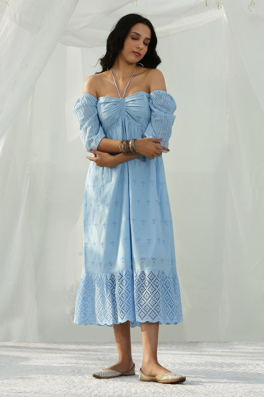 SKY BLUE TIE SCHIFFLI MIDI DRESS