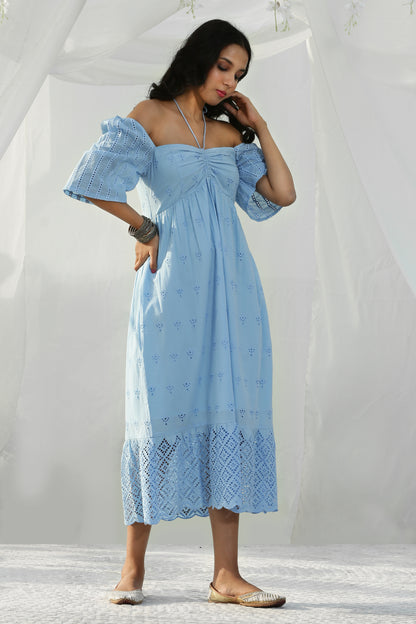 SKY BLUE TIE SCHIFFLI MIDI DRESS