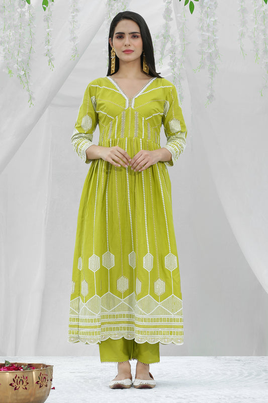 Lime And Gold Chikankari Embroidered Kurta Set