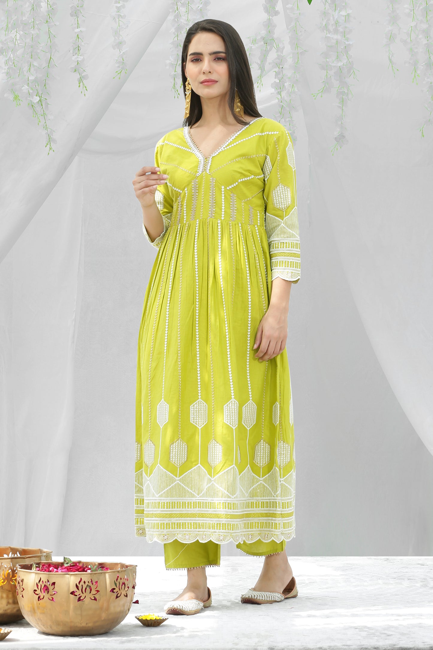 Lime And Gold Chikankari Embroidered Kurta Set