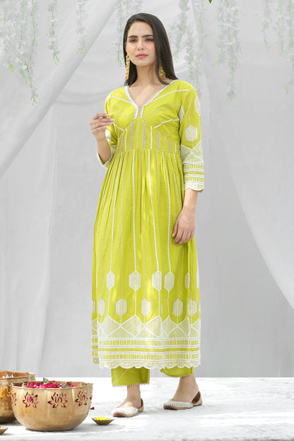 Lime And Gold Chikankari Embroidered Kurta Set