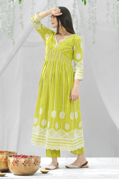 Lime And Gold Chikankari Embroidered Kurta Set