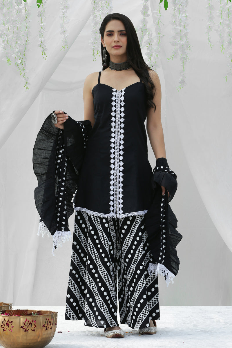 Black And White Halter Embroidered Kurta Set with Cotton Dupatta