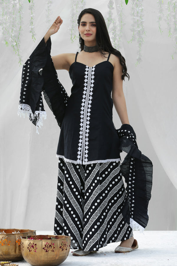 Black And White Halter Embroidered Kurta Set with Cotton Dupatta