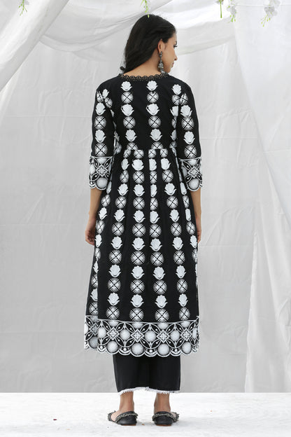 Black Lotus Embroidered Kurta Set