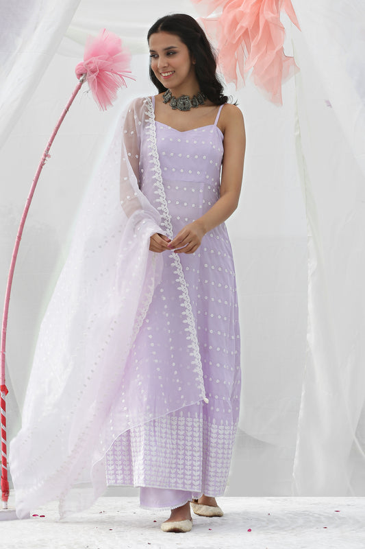 Lavender Halter Embroidered Kurta Set with Organza Dupatta