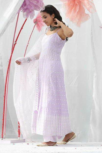 Lavender Halter Embroidered Kurta Set with Organza Dupatta