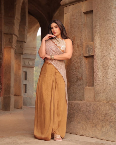 BROWN EMBROIDERED KAFTAN AND SKIRT SET