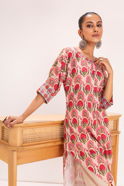BEIGE MUGHLAI ROSE PRINT KURTA