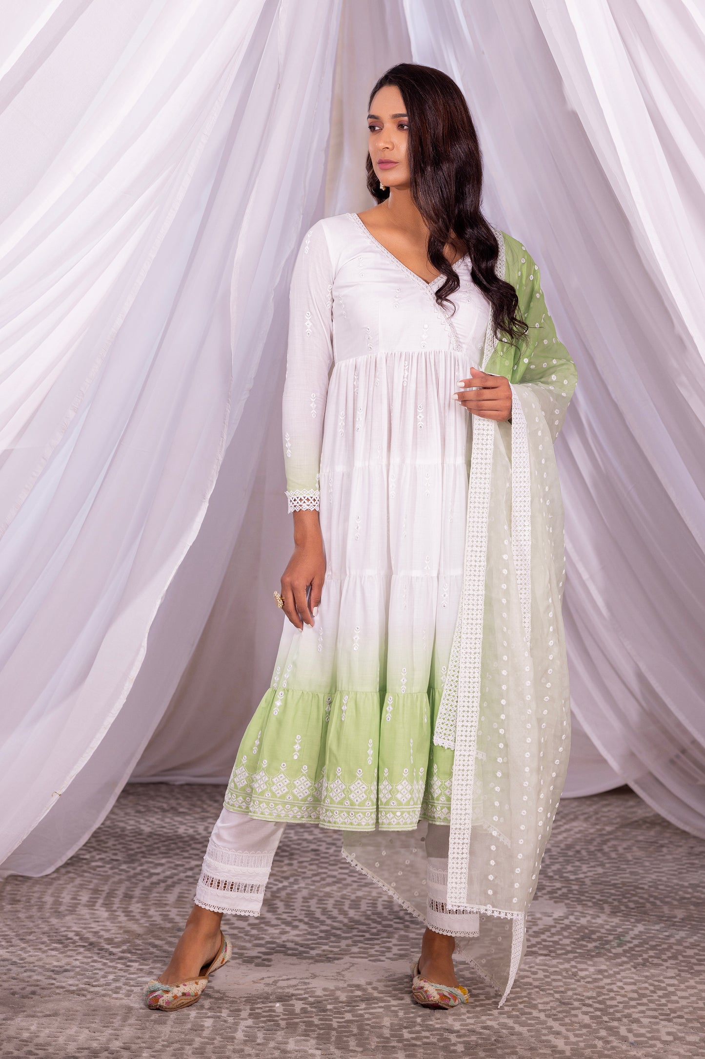 White-Lime Ombre Tiered Suit Set