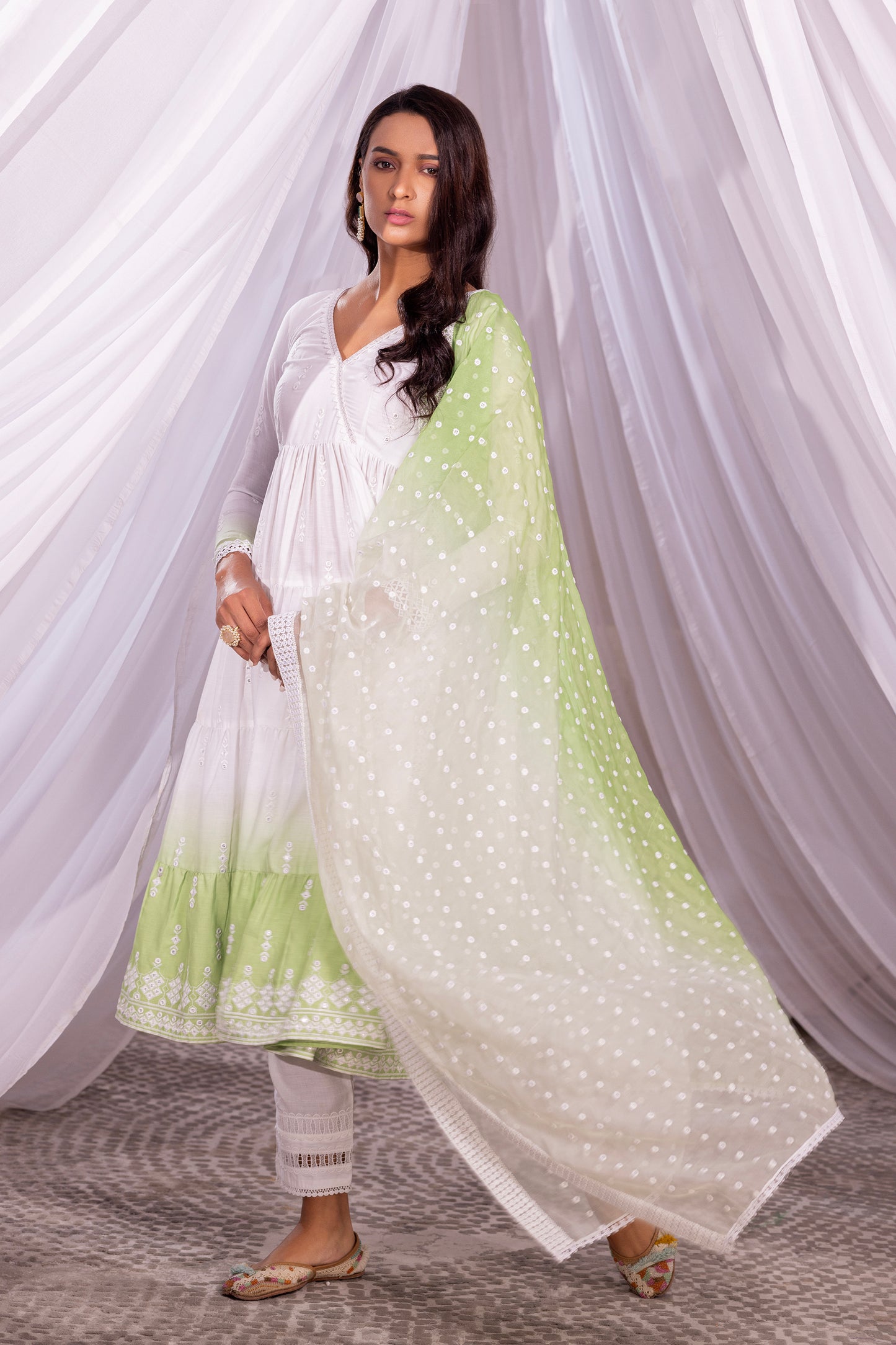 White-Lime Ombre Tiered Suit Set