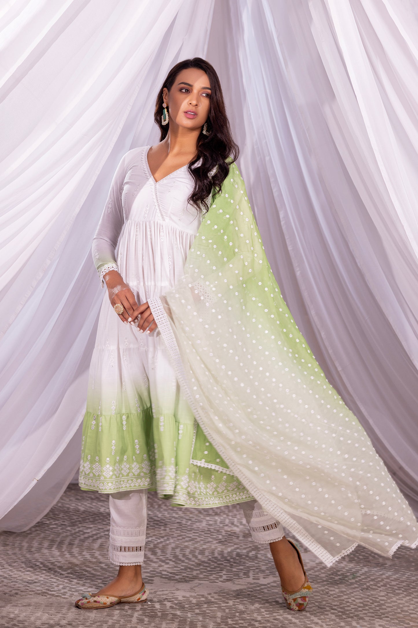 White-Lime Ombre Tiered Suit Set