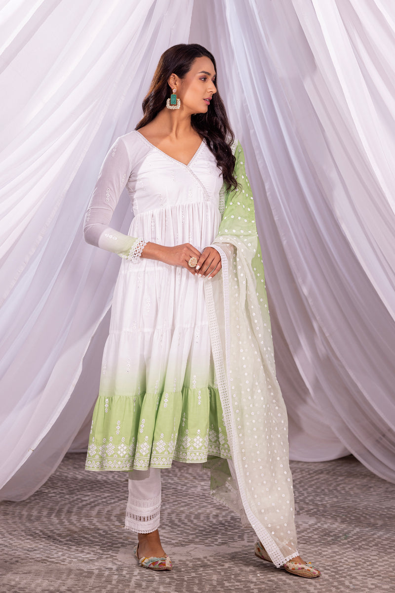 White-Lime Ombre Tiered Suit Set