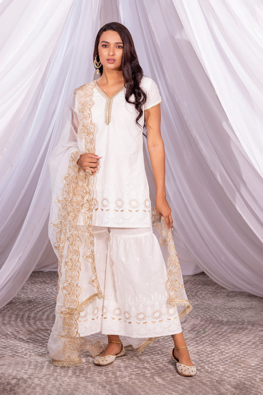 Off-White and Gold Embroidered Suit Set