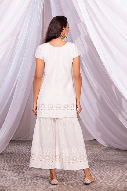 Off-White and Gold Embroidered Suit Set