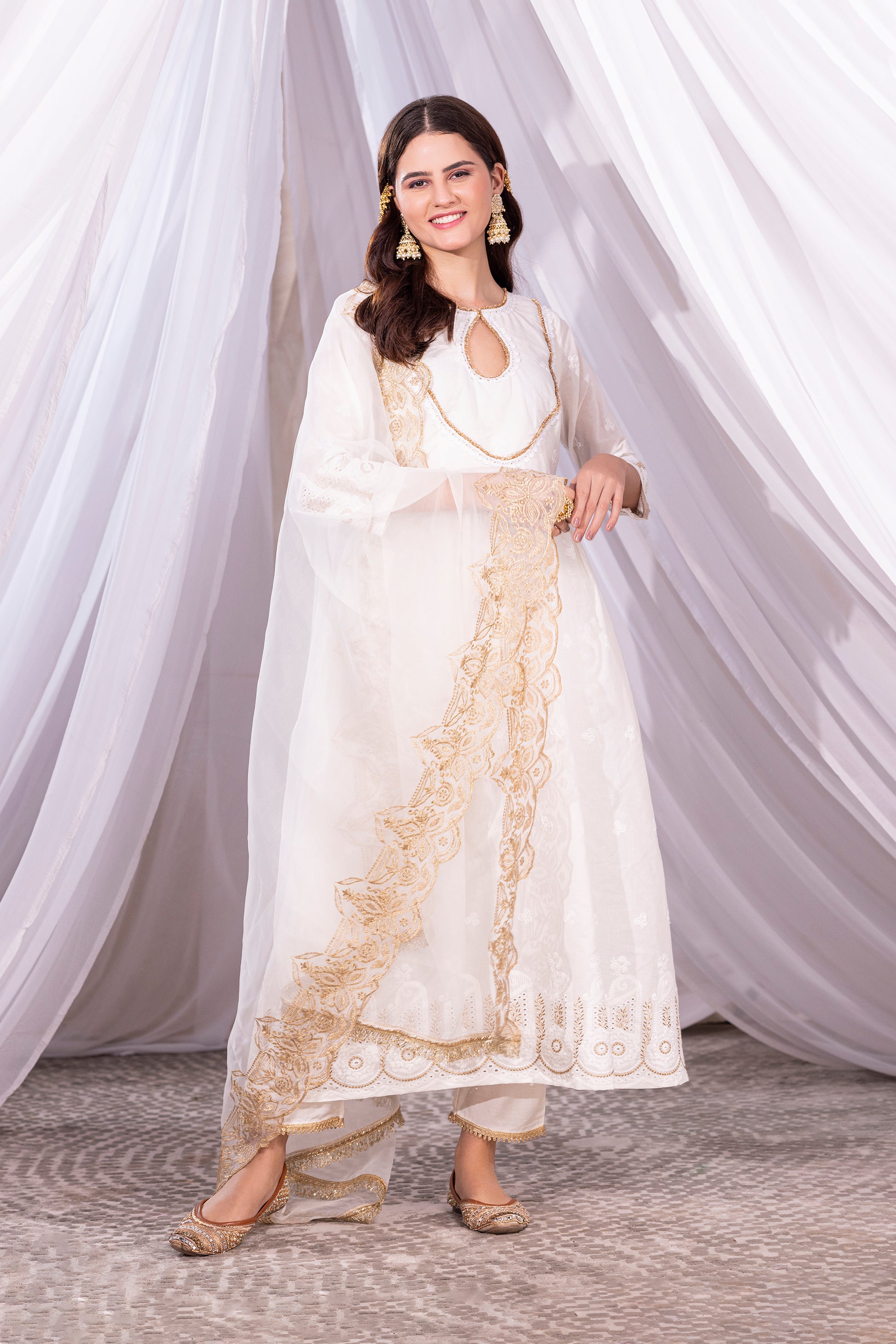 Off-White and Gold Anarkali Suit Set Sewandyou Off-White and Gold Anarkali Suit Set Sewandyou