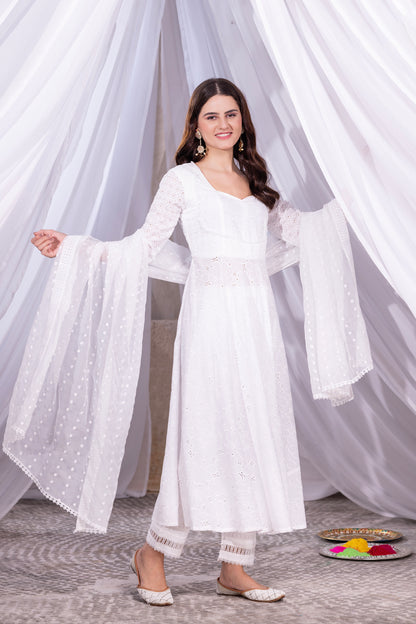 White Floral Flared Anarkali Kurta Set