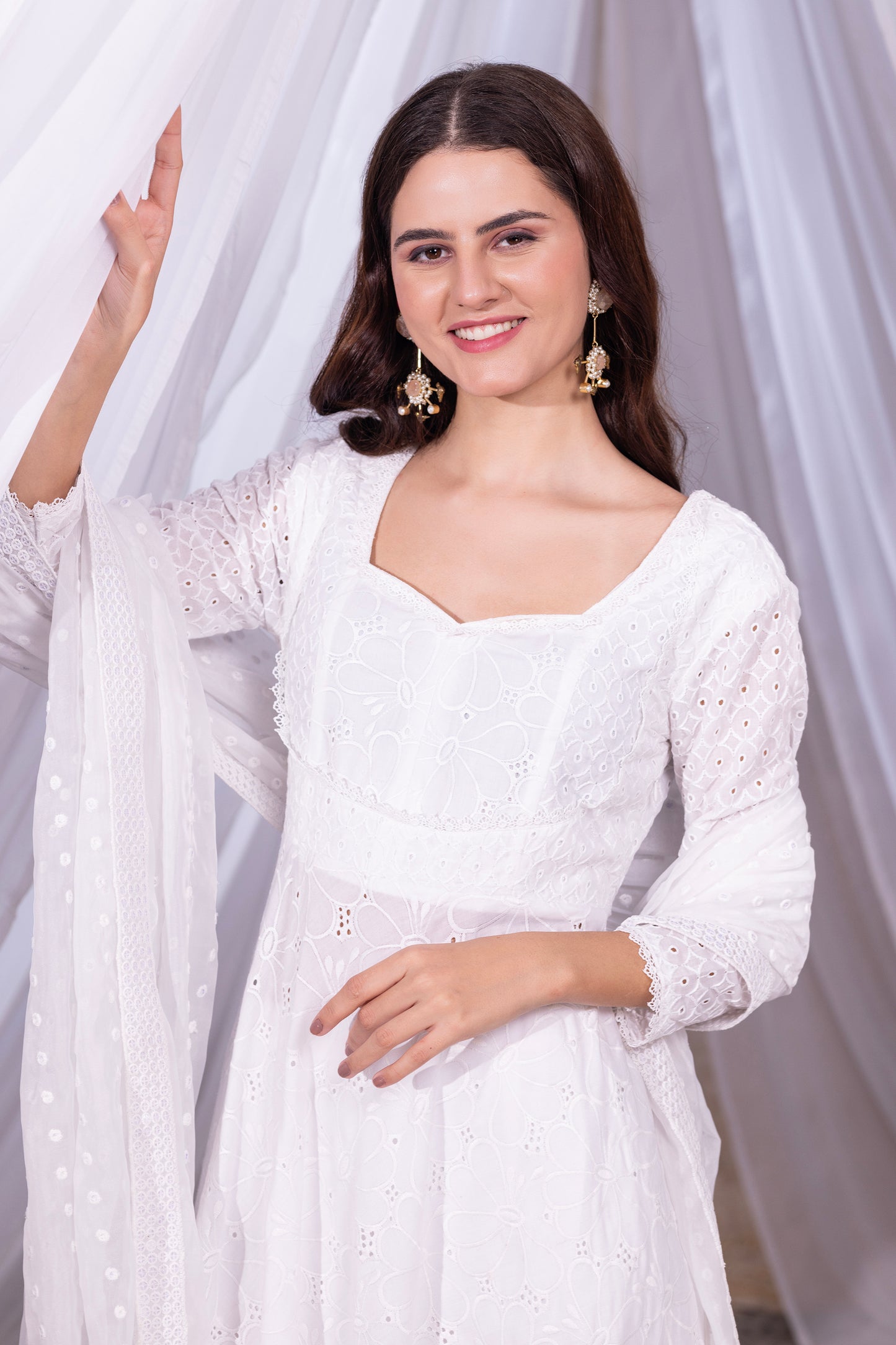 White Floral Flared Anarkali Kurta Set