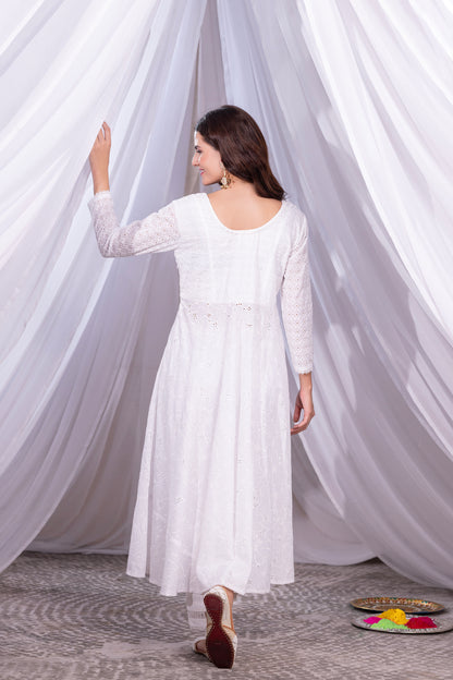 White Floral Flared Anarkali Kurta Set