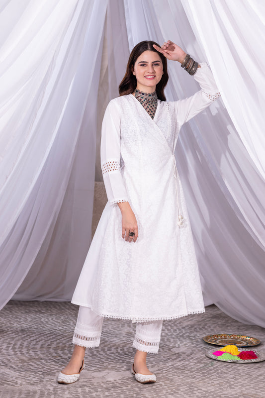 WHITE WRAP LUCKNOWI KURTA SET