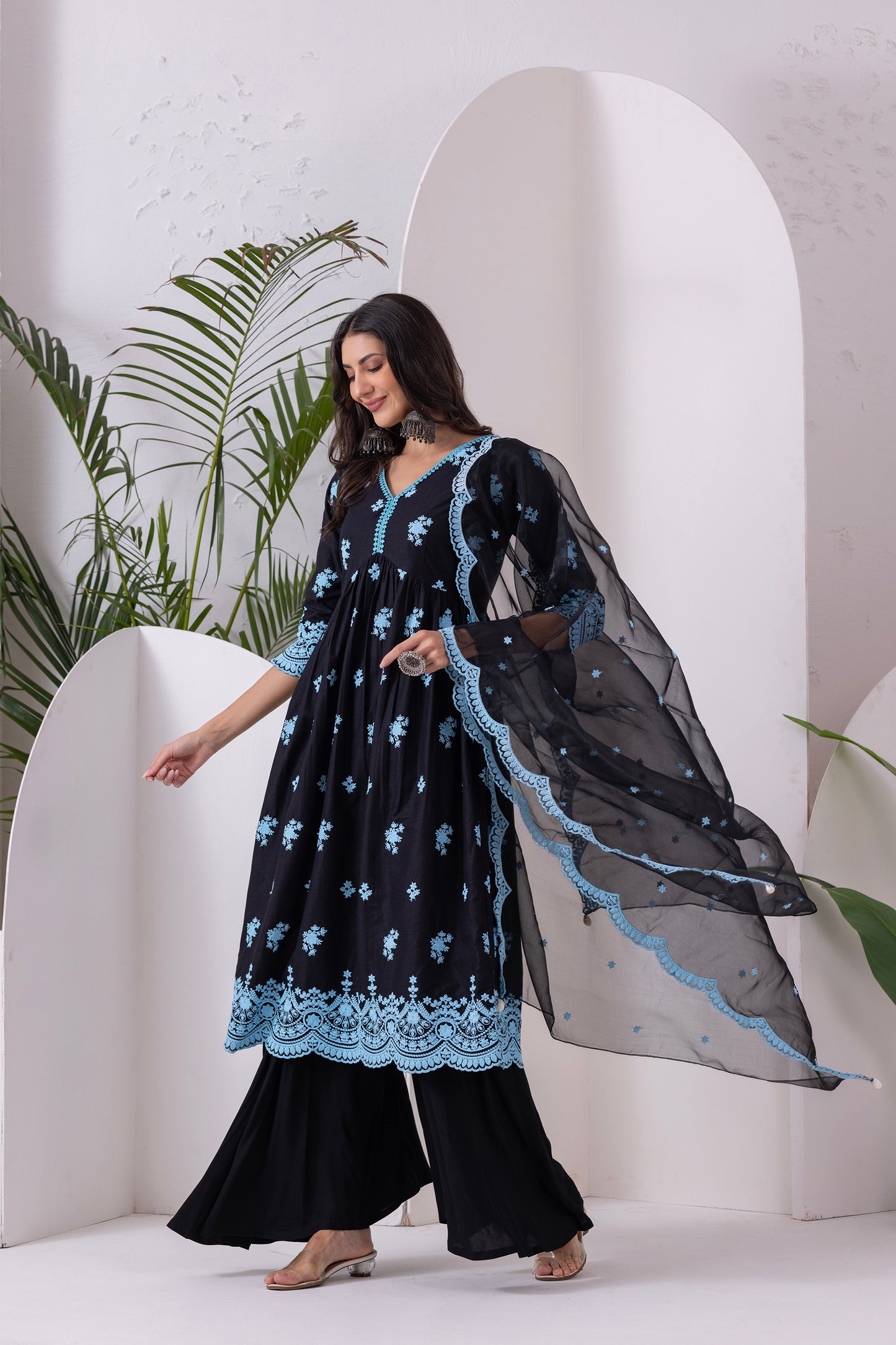 BLACK AND BLUE EMBROIDERED SUIT SET