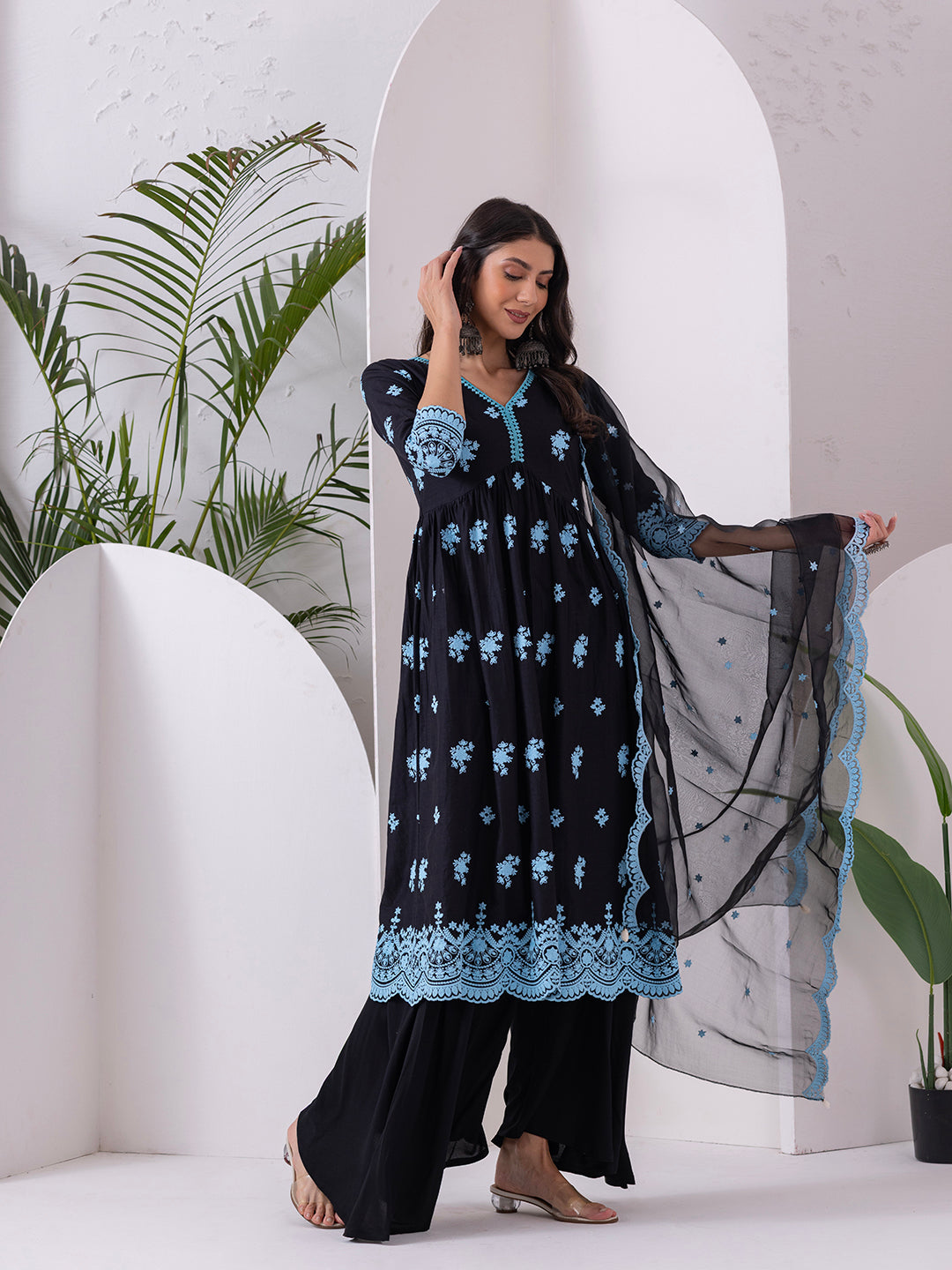 BLACK AND BLUE EMBROIDERED SUIT SET