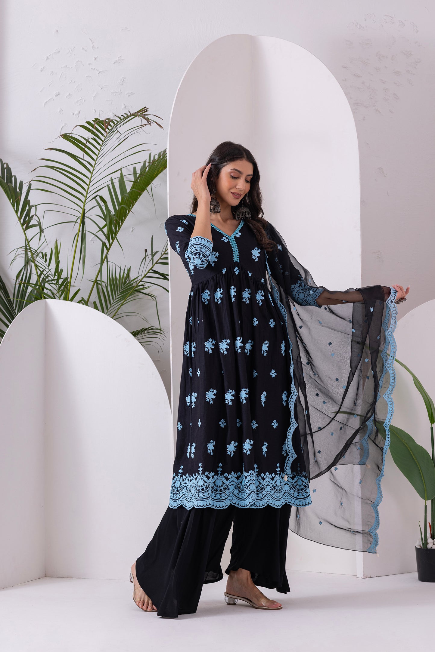 BLACK AND BLUE EMBROIDERED SUIT SET