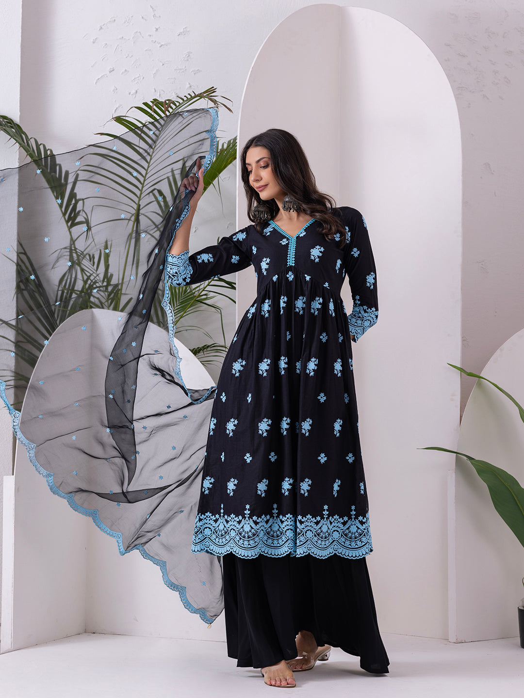 BLACK AND BLUE EMBROIDERED SUIT SET