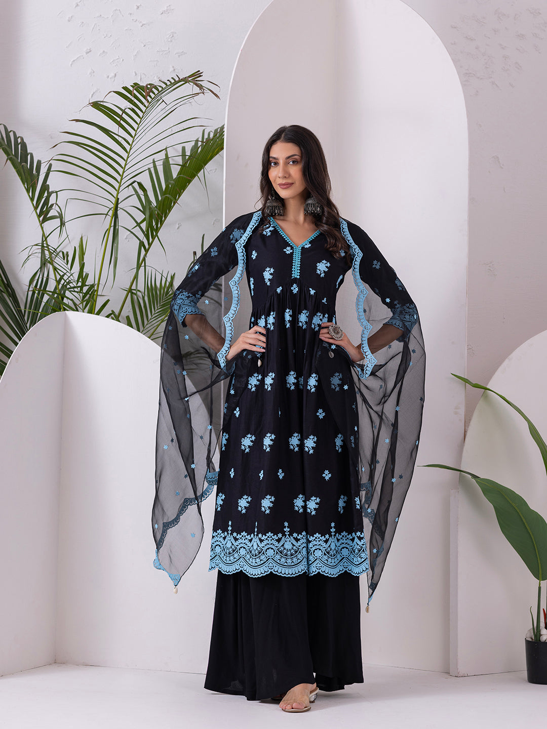 BLACK AND BLUE EMBROIDERED SUIT SET