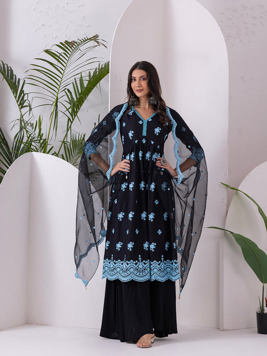 BLACK AND BLUE EMBROIDERED SUIT SET